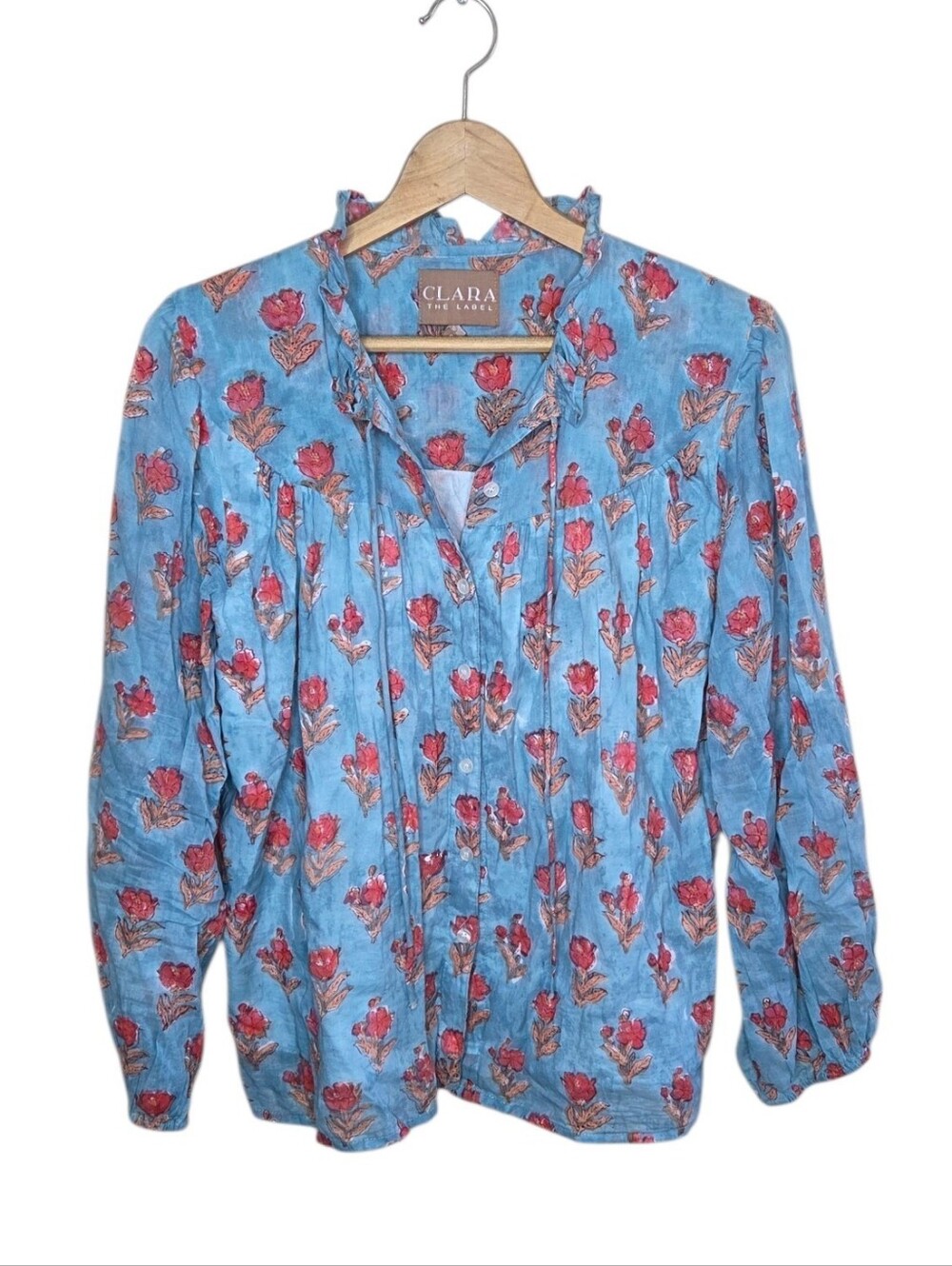 Clara The Label Blue Orange Floral Print Long Sleeve Boho Button Top Size Small